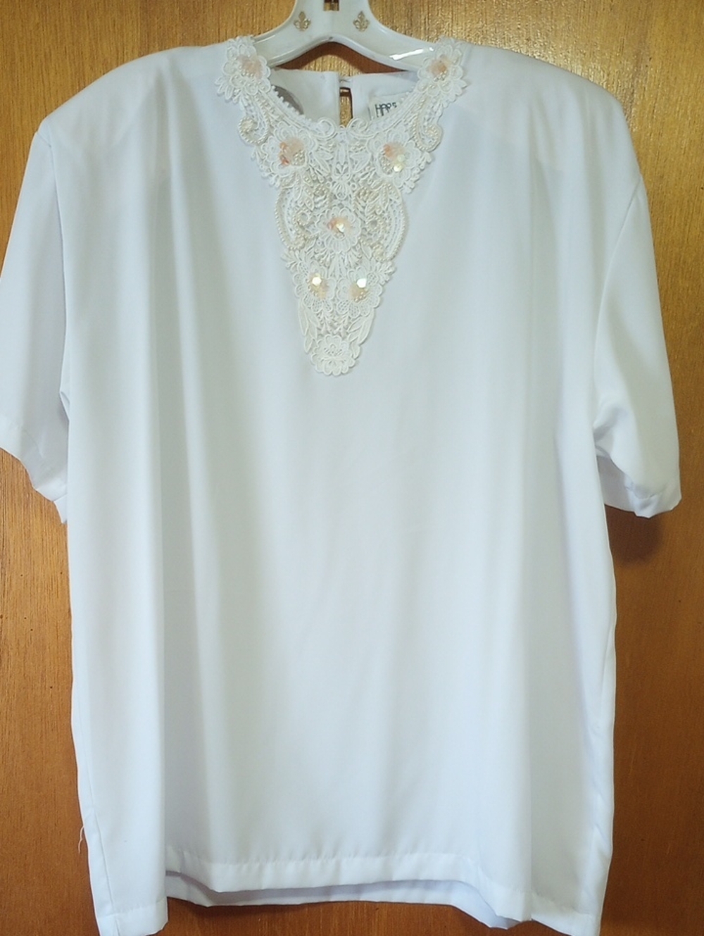 NWT Harbour Vue White Beaded Polyester Blouse w/ Sequins & Lace, Size 42, 2X?